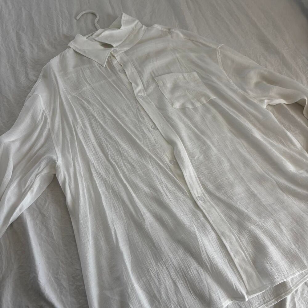 SHEIN Linen Long Sleeve Everyday Boating Large Relaxed Women's White Shirt